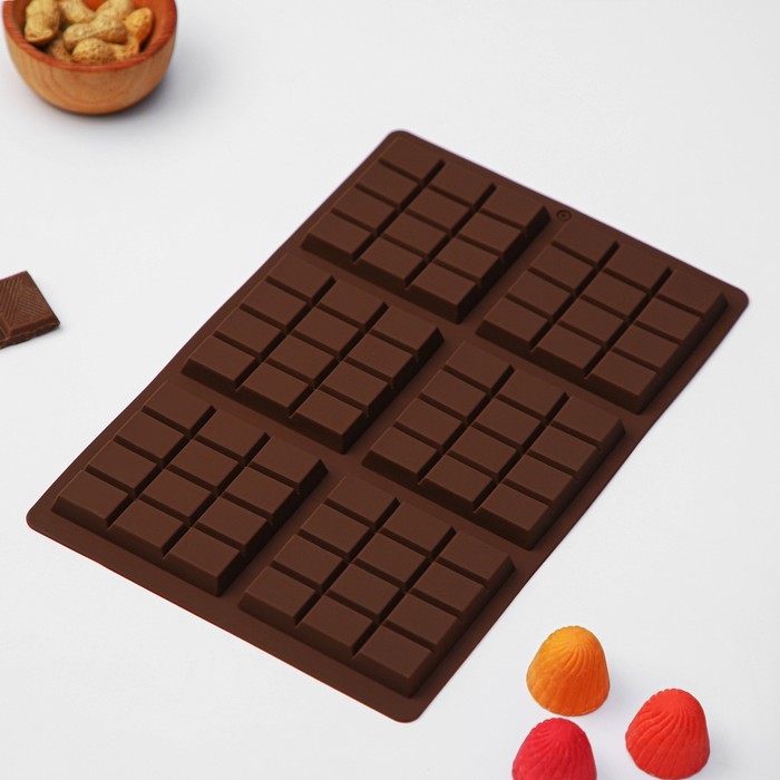 Форма для шоколада Доляна «Плитка», силикон, 27,2×17,6×1 см, 6 ячеек (7,5×7,5 см) , цвет коричневый - Фото 1