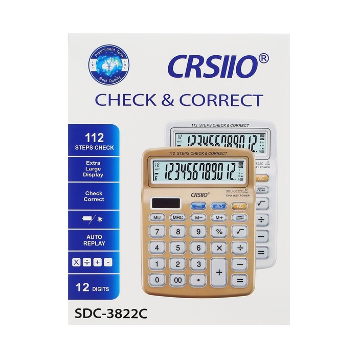 Калькулятор настольный 12-разрядный SDC-3822C, двойное питание, МИКС