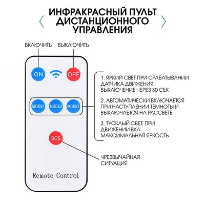 Светильник настенный уличный, фонарь, 5 Вт, IP44, 48 диодов, 3 режима, от аккумулятора, чёрный