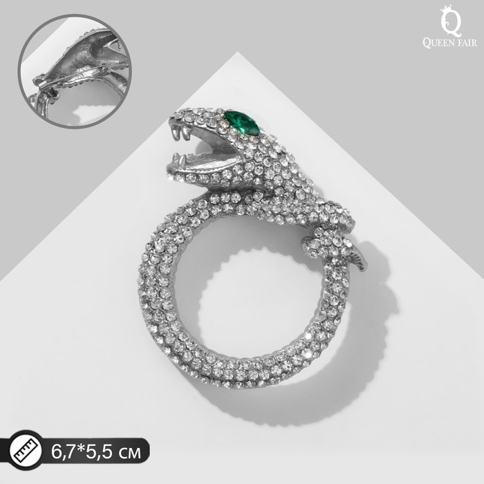 Брошь «Змея» кольцом, цвет бело-зелёный в серебре - Фото 1