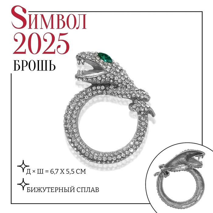 

Брошь «Змея» кольцом, цвет бело-зелёный в серебре