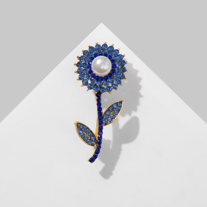Брошь «Цветок» симпл с бусиной, цвет бело-синий в матовом золоте - Фото 1