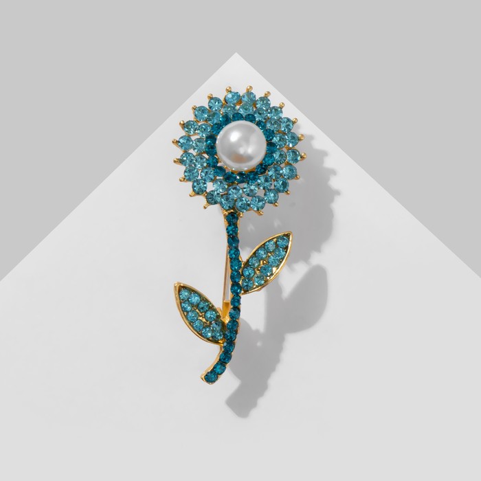 Брошь «Цветок» симпл с бусиной, цвет бело-морской в матовом золоте - Фото 1