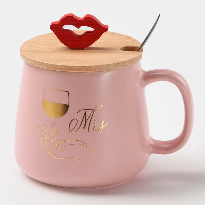 Кружка с ложкой «Миссис», 380 мл, керамика, розовая - Фото 1
