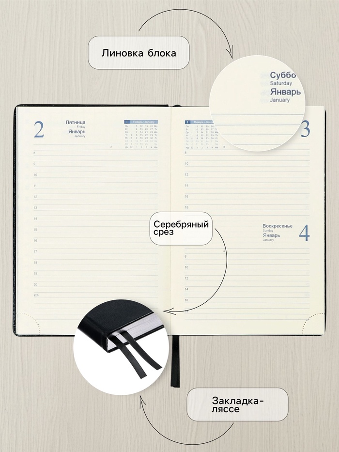 

Ежедневник 2025 года A5, 168 листов в линейку, кожзам "Небраска", серебряный срез, черный