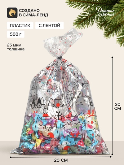 Пакет подарочный новогодний пластиковый «Киса», 20×30 см