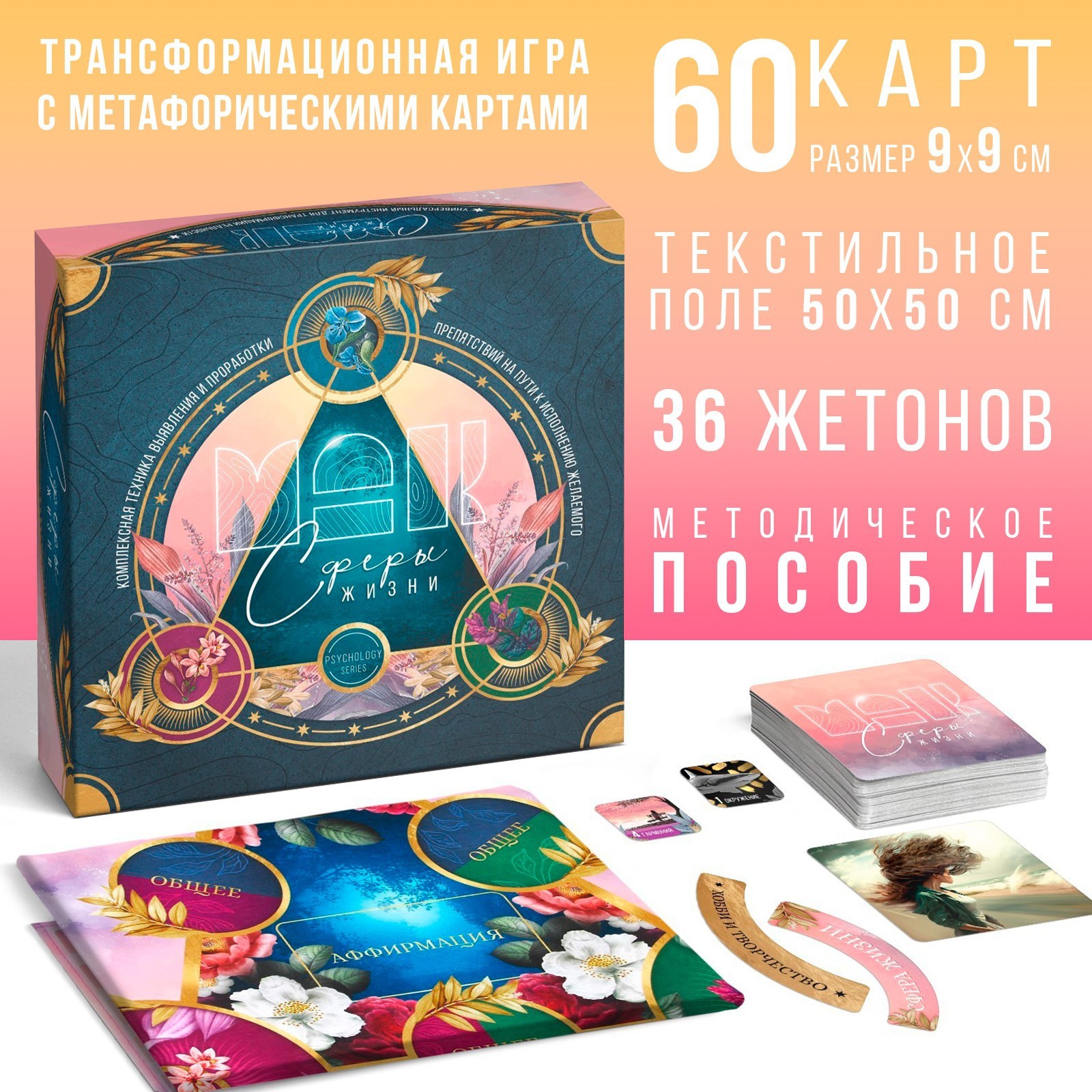 Трансформационная игра «Сферы жизни», 60 карт (9х9 см), 36 жетонов (3х3 см  и 3,5х10 см), игровое поле (50х50 см),16+