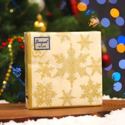 Салфетки новогодние бумажные Bouquet de Luxe «Снегопад Золото», 3 слоя, 24×24 см, 25 шт.