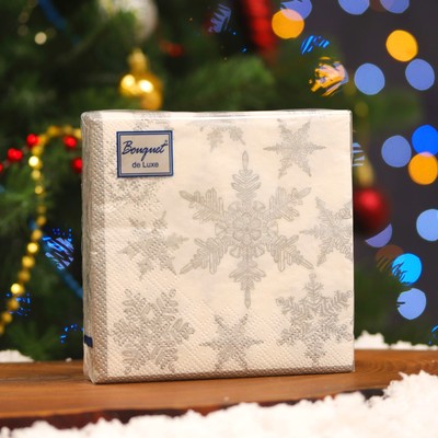 Салфетки новогодние бумажные Bouquet de Luxe «Снегопад Серебро», 3 слоя, 24×24 см, 25 шт.