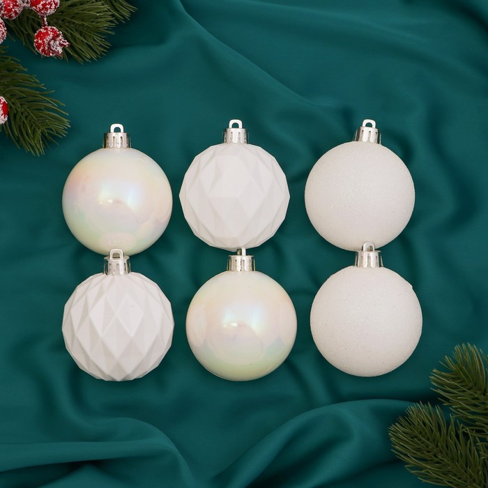 Ёлочные игрушки «Перл», шары новогодние, d=6 см, набор 6 шт., грани, белый - Фото 1