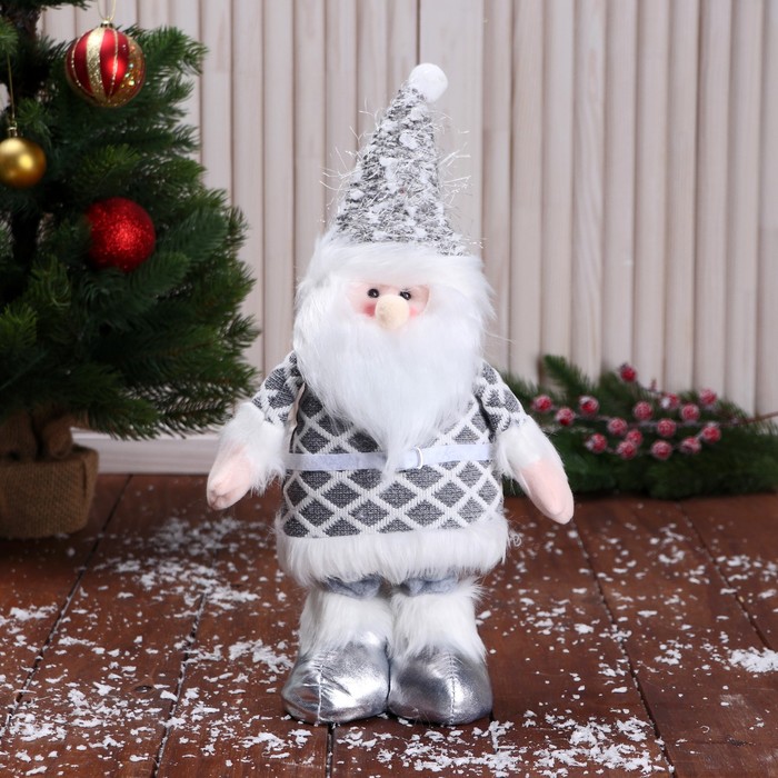 Мягкая игрушка "Дед Мороз в костюме с ремешком, длинные ножки" стоит, бело-серый - фото 1907861185