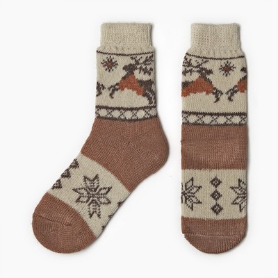 Носки женские новогодние шерстяные, коричневые, принт олени, размер 25