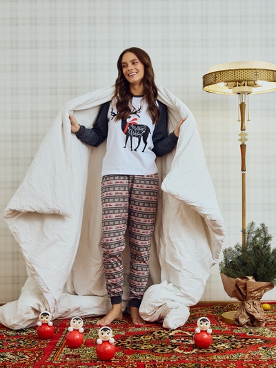 Пижама новогодняя женская (лонгслив, брюки) Tusi, серая, размер 50