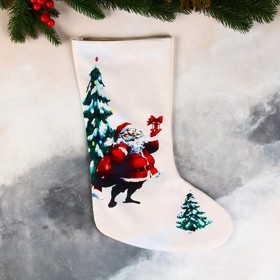 Носок для подарков 'Дед Мороз с подарками, в лесу' 26х40 см, белый