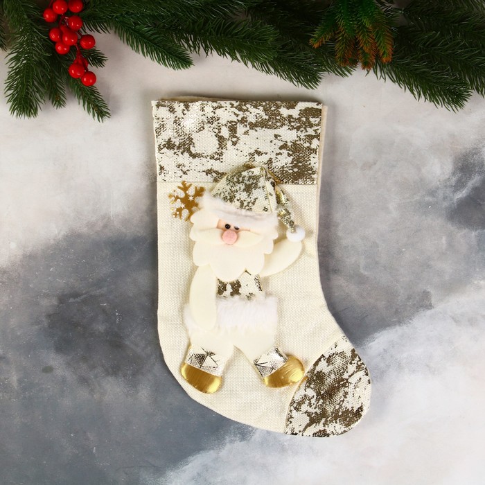 Носок для подарков "Дед Мороз в колпачке, поталь" 20х33 см, золото - Фото 1