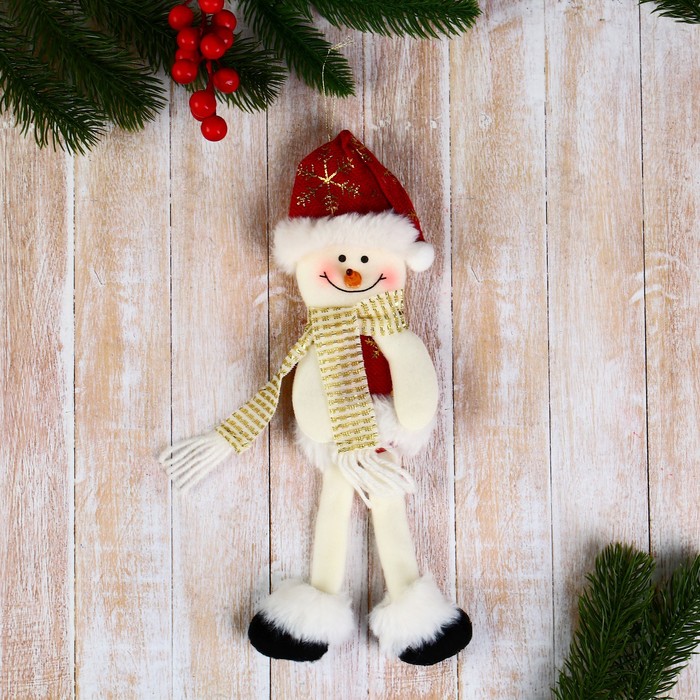 Мягкая подвеска "Снеговик в костюмчике с узором, длинные ножки" 8х26 см, красный - Фото 1