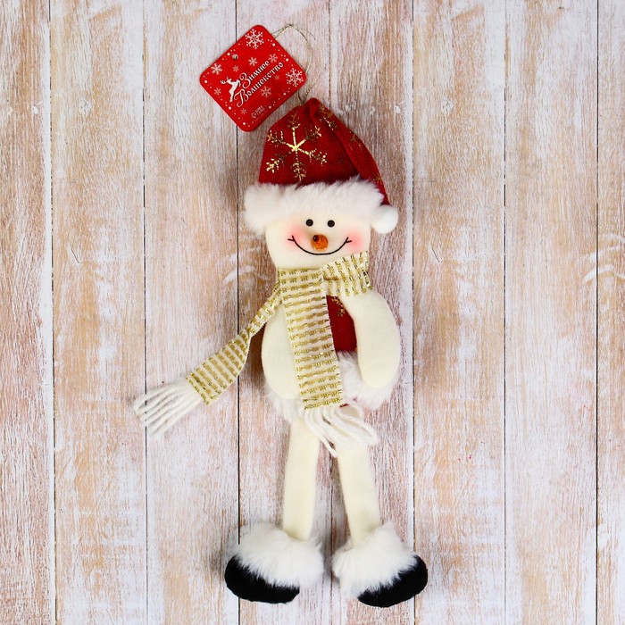 Мягкая подвеска "Снеговик в костюмчике с узором, длинные ножки" 8х26 см, красный