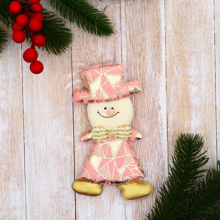 Подвеска мягкая на ёлку «Снеговик в костюмчике с геометрическим узором» 6×13 см, розовая - Фото 1