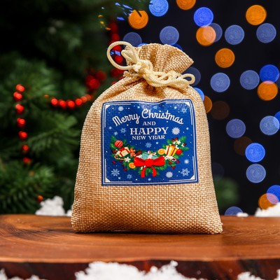 Мешок подарочный новогодний с термонаклейкой, синий, 10×14 см