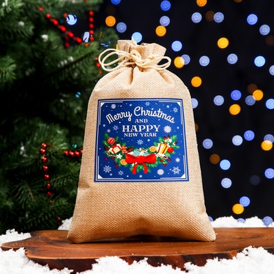 Мешок подарочный новогодний с термонаклейкой, синий, 16×24 см