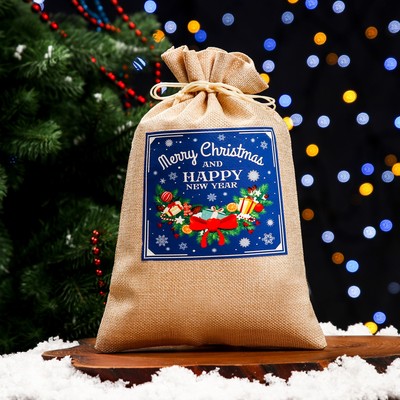 Мешок подарочный новогодний с термонаклейкой, синий, 20×30 см