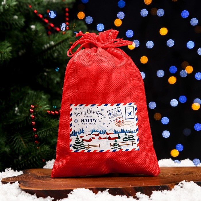 Мешок подарочный с термонаклейкой, 16 х 24 см, красный - Фото 1