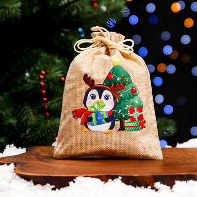 Мешок подарочный новогодний с термонаклейкой «Пингвин с подарками», 13×18 см