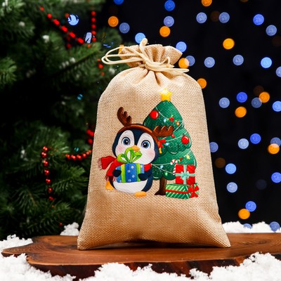 Мешок подарочный новогодний с термонаклейкой «Пингвин с подарками», 16×24 см