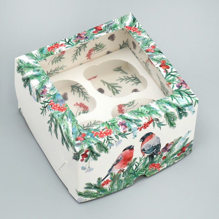 Коробка для капкейков складная с двусторонним нанесением «Снегири», 16 х 16 х 10 см