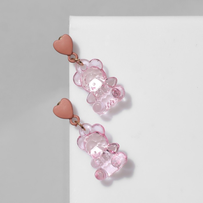 Серьги пластик "Мишки" с сердечками, цвет розовый в золоте