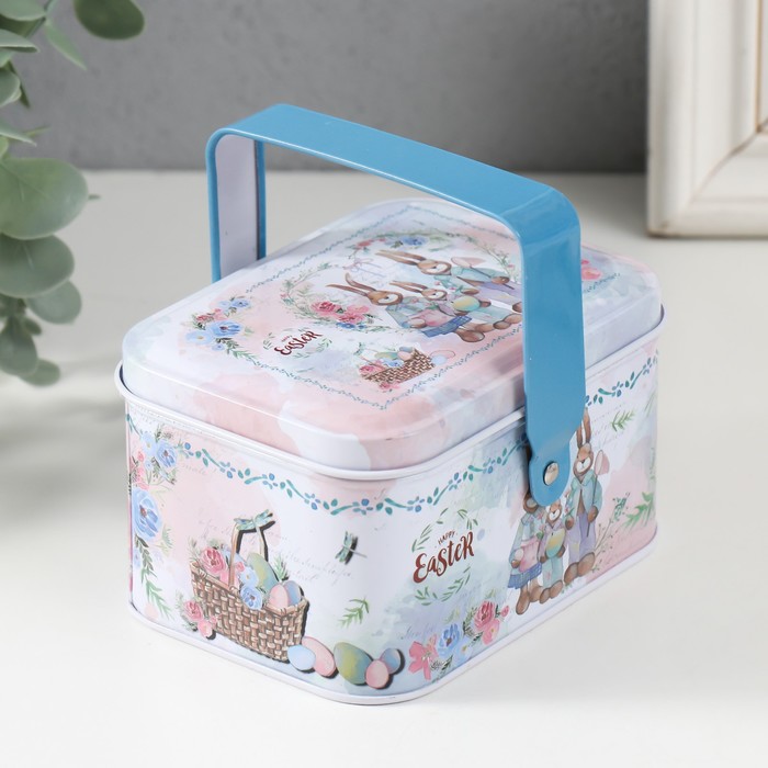 Шкатулка металл с ручкой "Семья крольчат - Счастливой Пасхи" 10,5х7,8х6,4 см - Фото 1