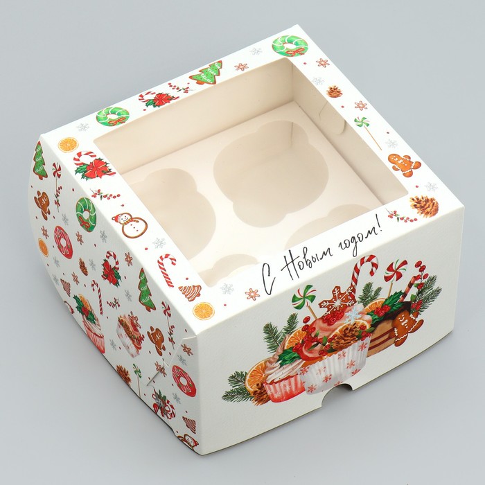 Коробка складная на 4 капкейка с окном «С Новым годом!», сладости, 16 х 16 х 10 см, Новый год - Фото 1