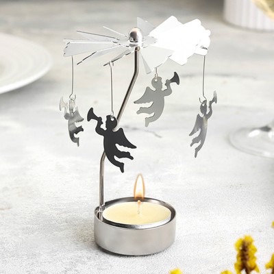 Подсвечник на 1 свечу «Карусель вращающаяся с ангелами», серебряная, металл