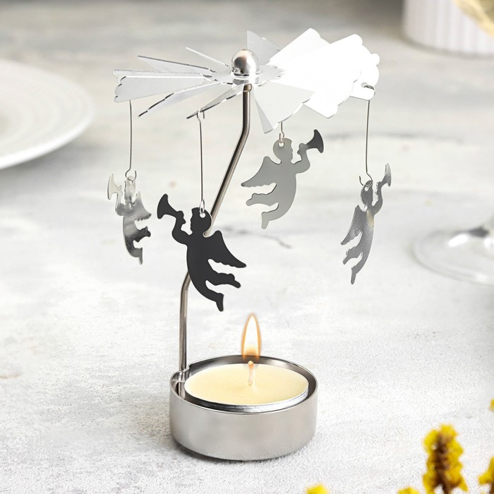 Подсвечник на 1 свечу «Карусель вращающаяся с ангелами», серебряная, металл - Фото 1