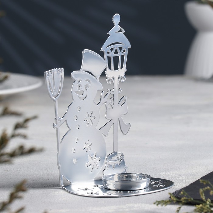 Подсвечник "Снеговик" металл на одну свечу, 7,5х10,7х15 см, хром - Фото 1