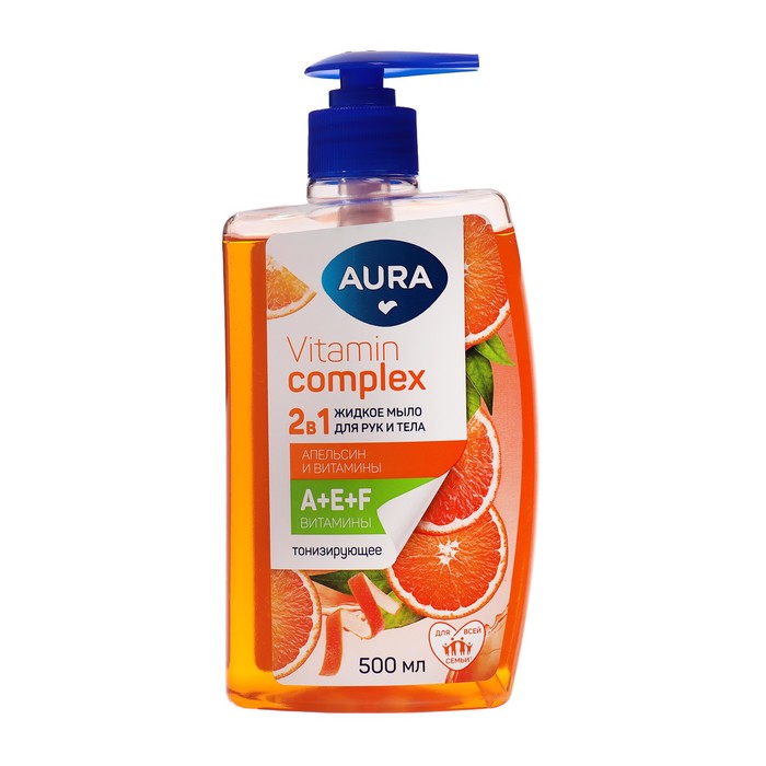 Жидкое мыло 2в1 для рук и тела AURA Vitamin Complex Апельсин и витамины с дозатором, 500 мл - Фото 1