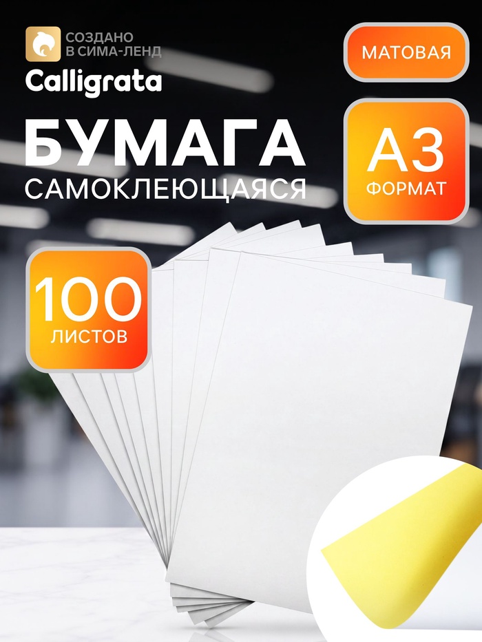 Бумага самоклеящаяся, формат A3, 100 листов, матовая, белая - Фото 1