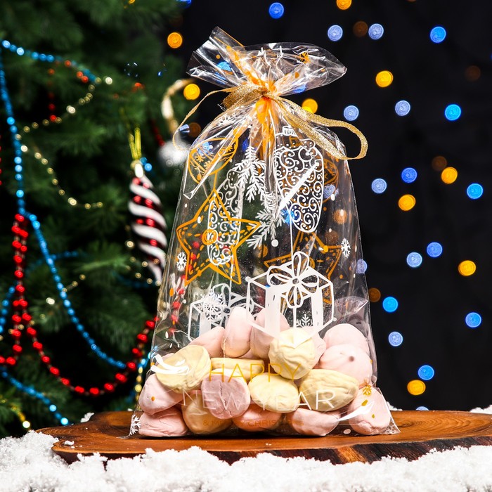 Пакет фасовочный новогодний БОПП, с новогодним рисунком «Открытка с подарком», 20×35 см - Фото 1