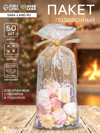 Пакет новогодний фасовочный БОПП, с донной складкой, «Открытка с подарком» 15×30 см