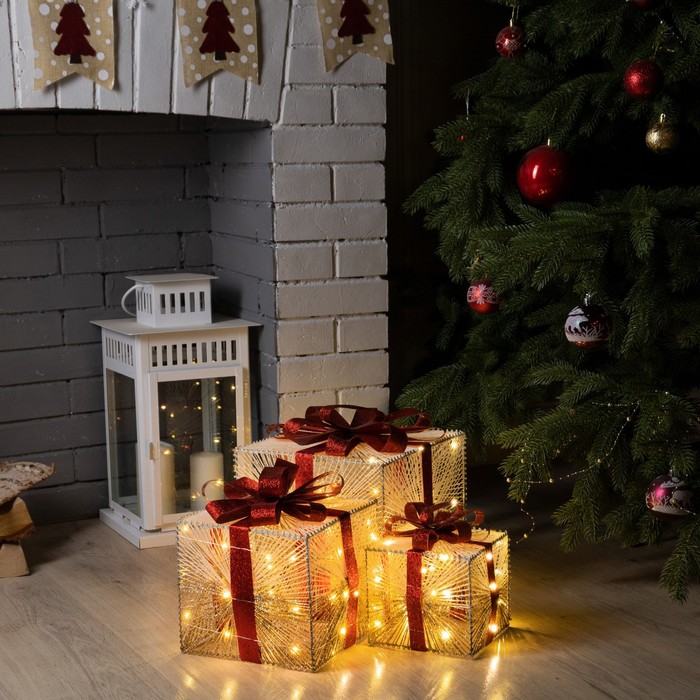 Светодиодная фигура «Подарки с золотистой нитью» 15, 20, 25 см, текстиль, металл, батарейки ААх2 (не в комплекте), свечение тёплое белое