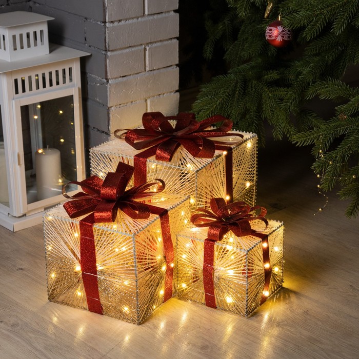 Светодиодная фигура «Подарки с золотистой нитью» 15, 20, 25 см, текстиль, металл, батарейки ААх2 (не в комплекте), свечение тёплое белое
