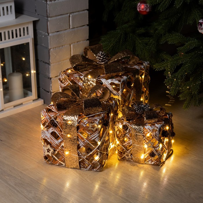 

Светодиодная фигура «Подарки лесные» 15, 20, 25 см, текстиль, металл, батарейки ААх2 (не в комплекте), свечение тёплое белое