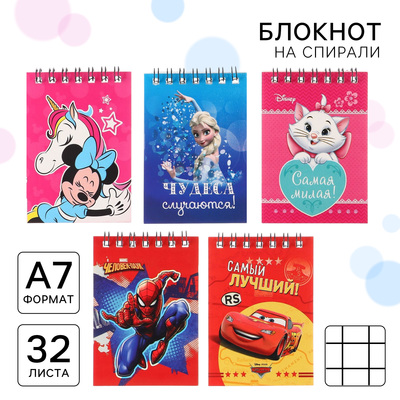 Блокнот А7, 32 листа, на гребне, 5 видов, МИКС