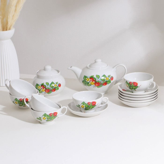Сервиз чайный «Цветущая земляника», 14 предметов: чайник, сахарница, 6 чайных пар, фарфор - фото 1910800802
