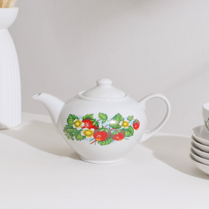 Сервиз чайный «Цветущая земляника», 14 предметов: чайник, сахарница, 6 чайных пар, фарфор - фото 1910800803