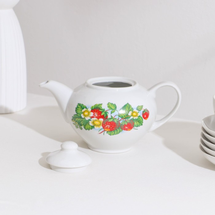 Сервиз чайный «Цветущая земляника», 14 предметов: чайник, сахарница, 6 чайных пар, фарфор - фото 1910800804