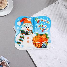 Мини-открытка двойная "Чудесного Нового Года!" глиттер, снеговик, 16,5х10 см
