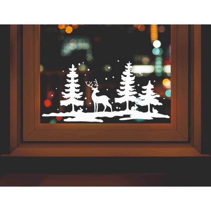 Наклейка декоративная для окон "Олень в лесу" 50х24 см (снег 10х20 см) - Фото 1