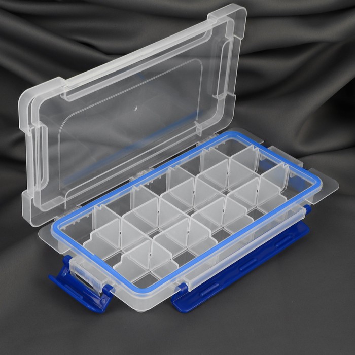 Органайзер для рукоделия, со съёмными ячейками, с подвесом, 15 отделений, 23 × 12 × 3,5 см, цвет прозрачный/синий