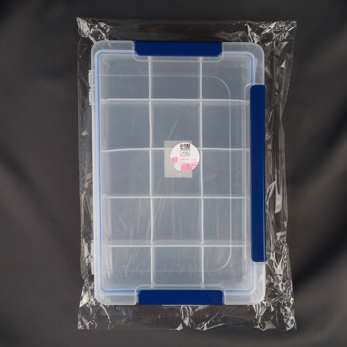Органайзер для рукоделия, со съёмными ячейками, с подвесом, 15 отделений, 27 × 17 × 4,3 см, цвет прозрачный/синий